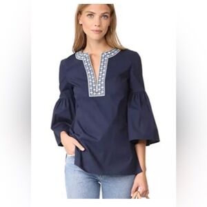 Tory Burch Navy Blue Ariana Blouse Tunic with Bell Sleeves Sz 14 NWT